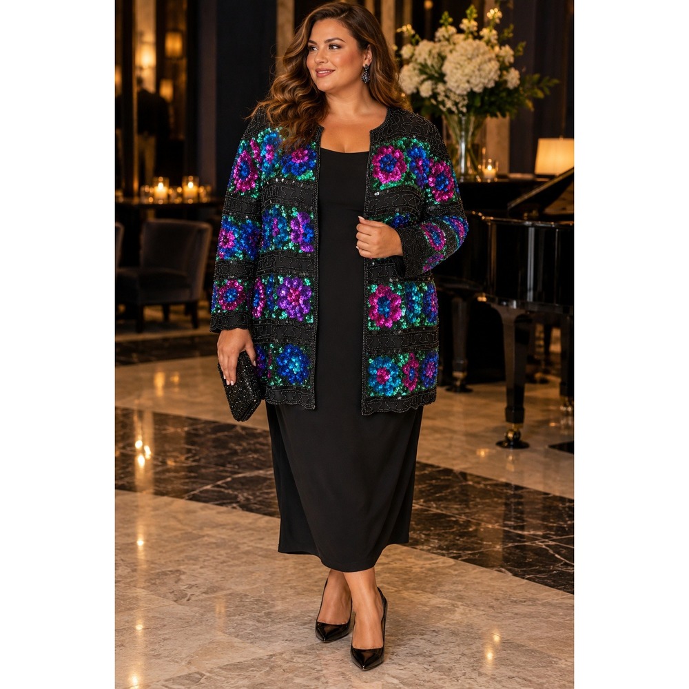 Vintage Exclusive 3X Silk Beaded Sequin Floral Jacket Plus Size Black Evening